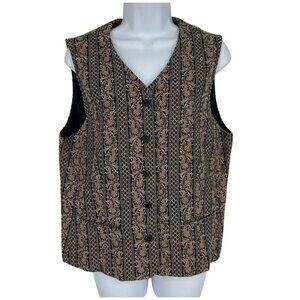 Talbots Petites Womens Black & Gold Patterned Button-Up Vest Size 14